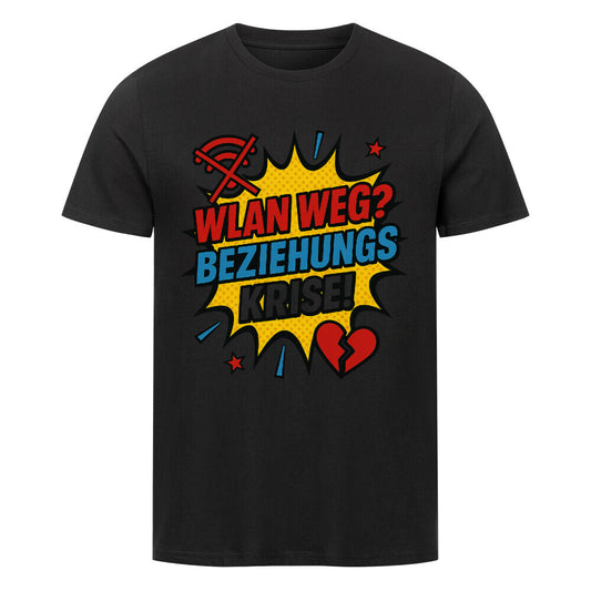 Comic-Pop-Art-Design mit Text „WLAN weg? Beziehungskrise!“, WLAN-Symbol und gebrochenem Herz. schwarz