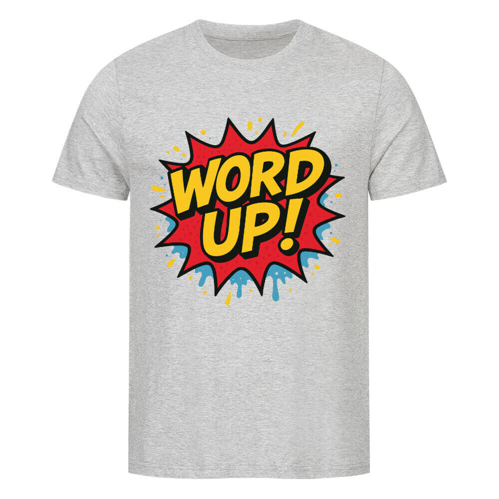 Bunte Pop-Art Explosion mit gelber „WORD UP!“ Schrift im Comicstil. grau