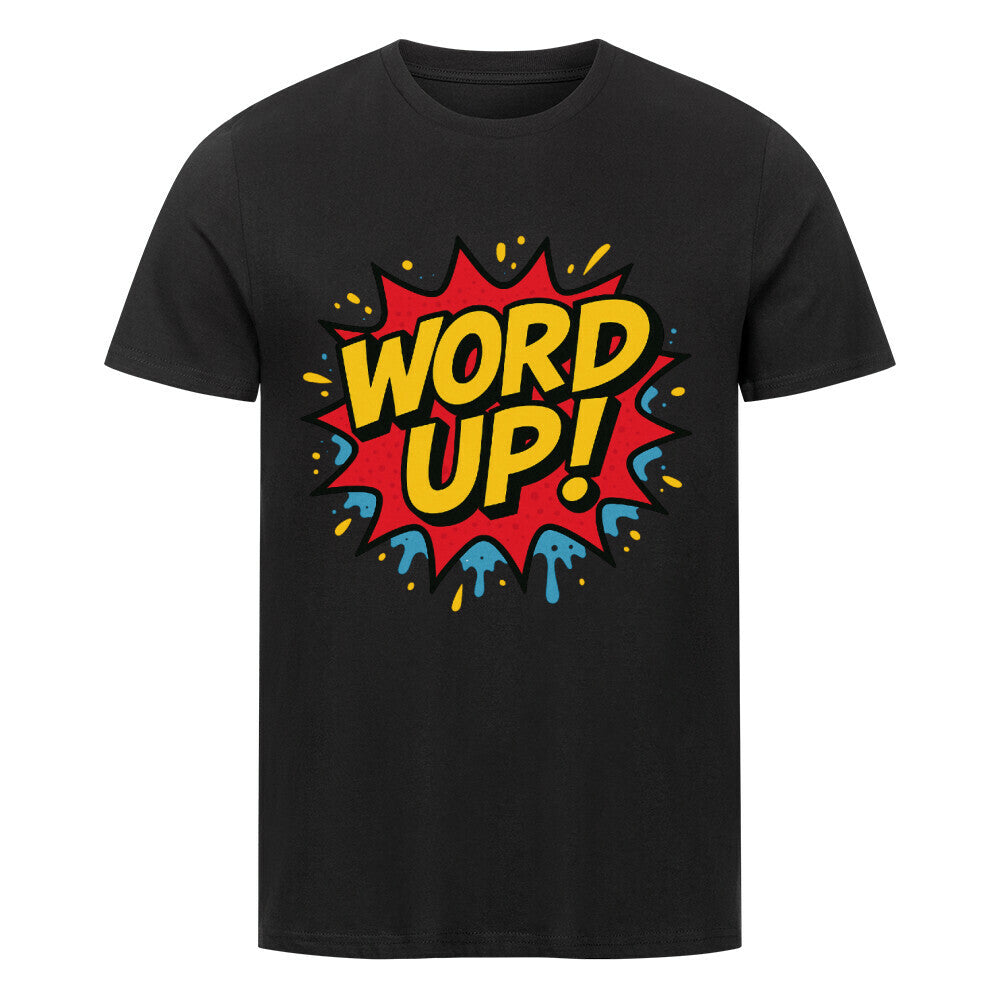 Bunte Pop-Art Explosion mit gelber „WORD UP!“ Schrift im Comicstil. Schwarz