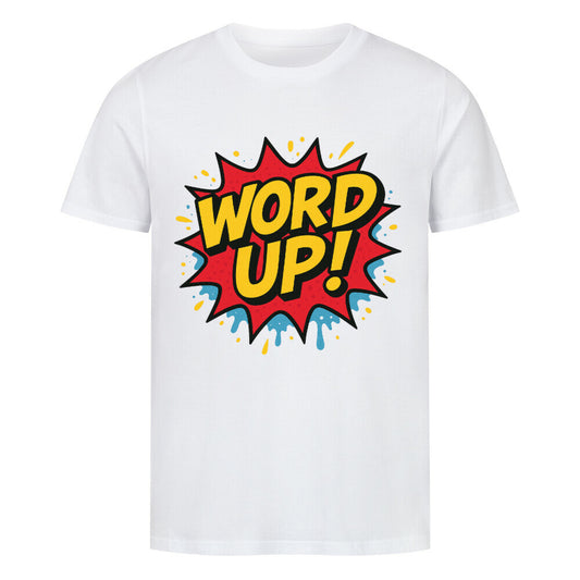 Bunte Pop-Art Explosion mit gelber „WORD UP!“ Schrift im Comicstil. weiß