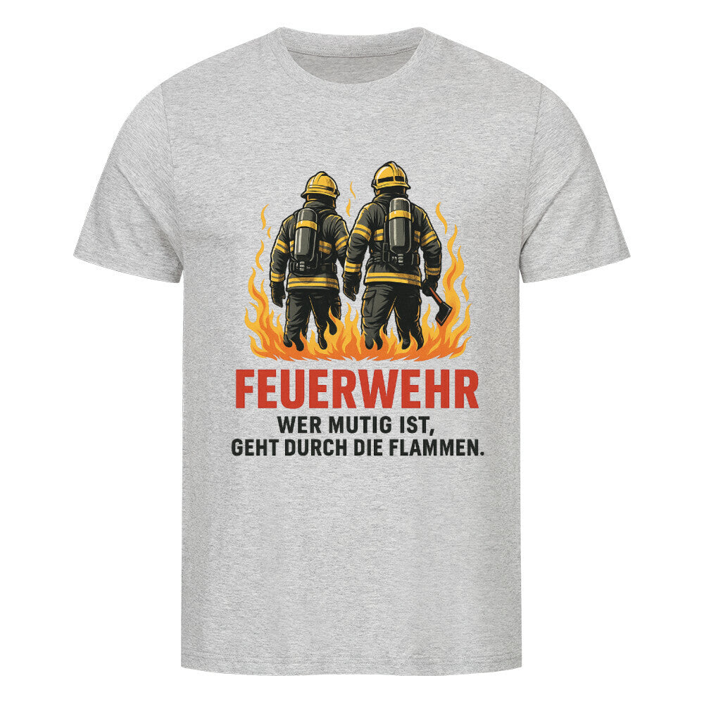 Zwei Feuerwehrleute von hinten vor Flammen mit Text „Wer mutig ist, geht durch die Flammen.“heather grey