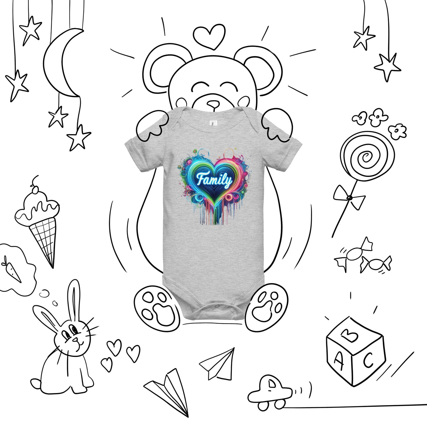 "Family" Neon-Herz Design – Leuchtende Liebe | Ischkrass.de Kurzärmliger Baby-Einteiler