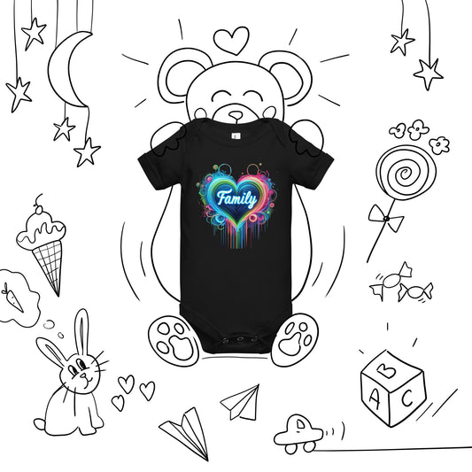 "Family" Neon-Herz Design – Leuchtende Liebe | Ischkrass.de Kurzärmliger Baby-Einteiler