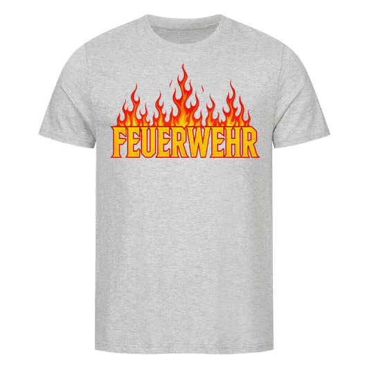 Feuerwehr-Schriftzug mit Flammen in Heavy-Metal-Stil Symbol für Mut und Einsatz. GRAU