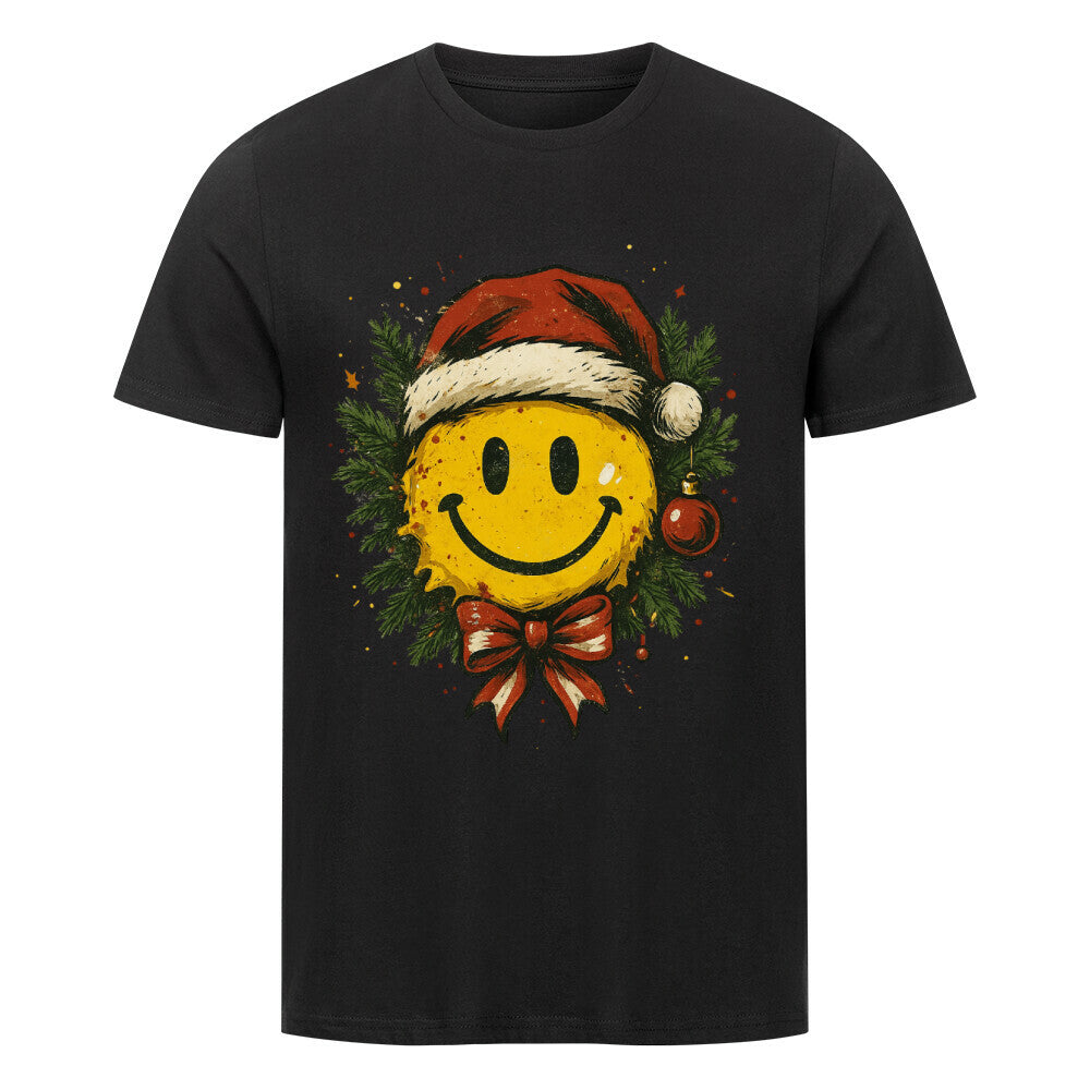 Gelber Smiley mit Nikolausmütze in Tannenkranz, rote Schleife und Kugel  warme Weihnachtsfarben. schwarz