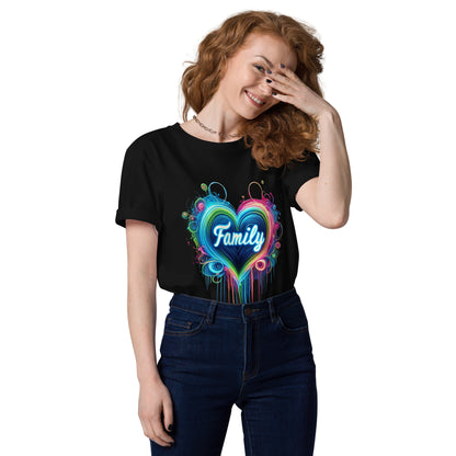 "Family" Neon-Herz Design – Leuchtende Liebe | Ischkrass.de Unisex-Bio-Baumwoll-T-Shirt