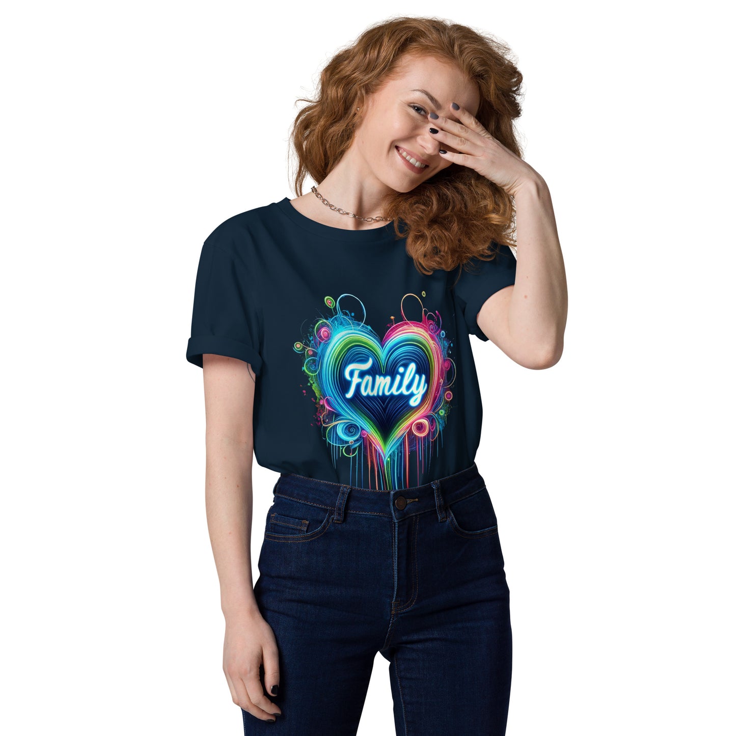 "Family" Neon-Herz Design – Leuchtende Liebe | Ischkrass.de Unisex-Bio-Baumwoll-T-Shirt