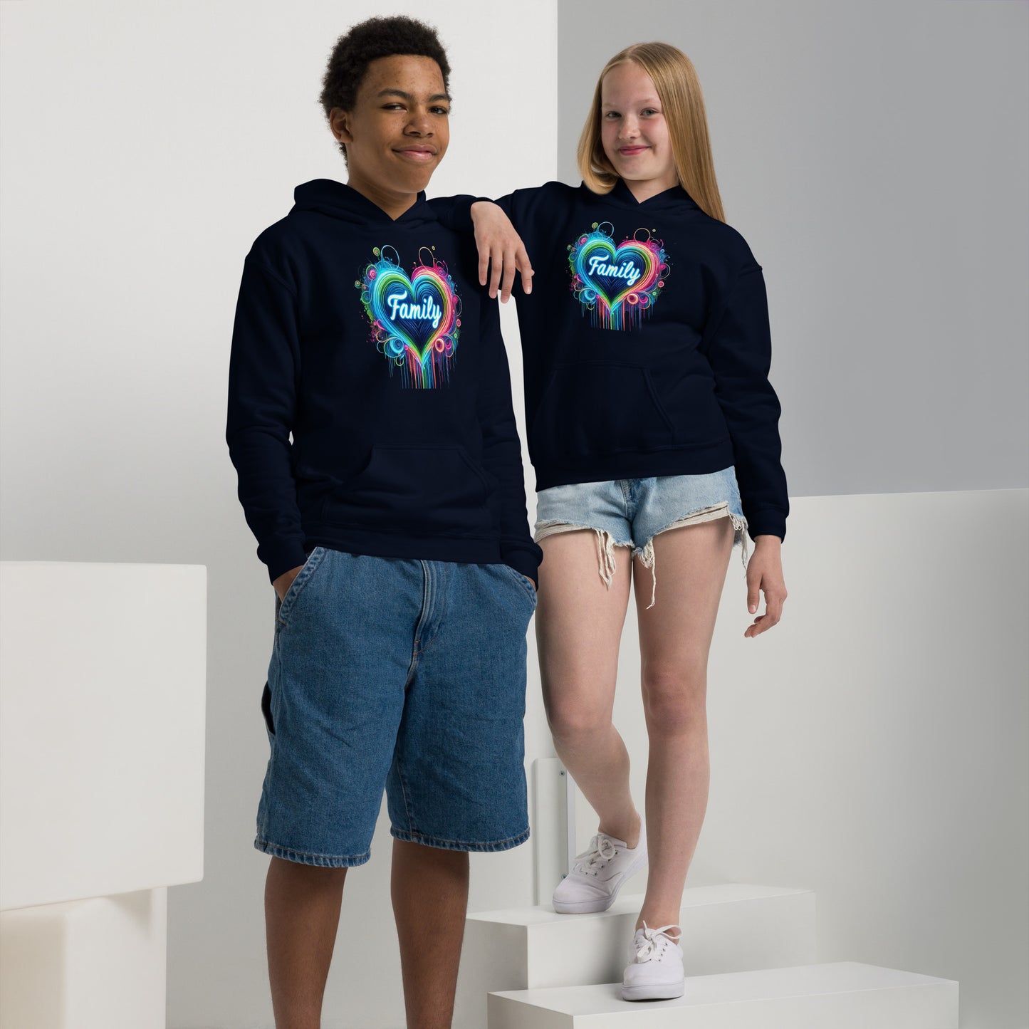 "Family" Neon-Herz Design – Leuchtende Liebe | Ischkrass.de Heavy-Blend Hoodie für Jugendliche